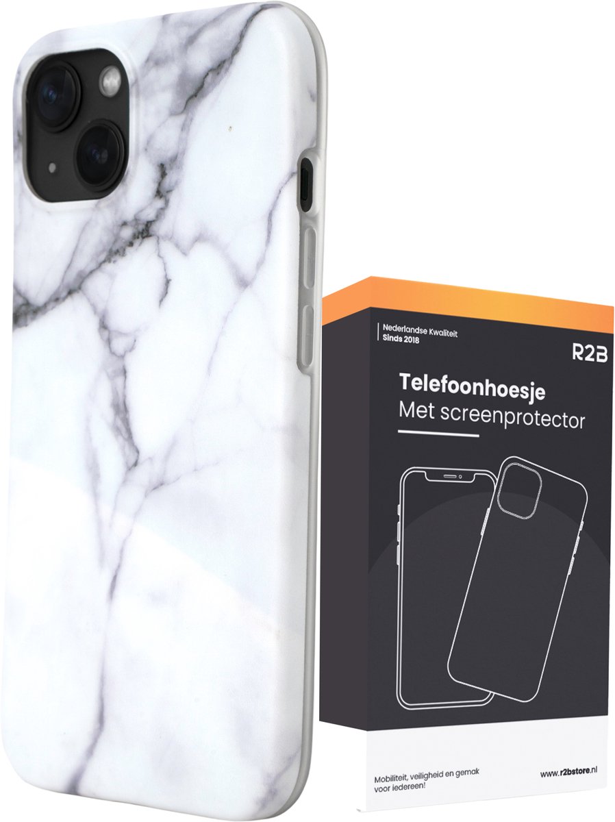R2B Hoesje geschikt voor iPhone 13 - Marmer - Screenprotector - Wit - Telefoonhoesjes - Gsm Hoesje - Phone Case - Model de Bilt
