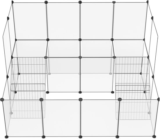 Modulaire ren van transparant plastic panelen met metalen roosters, van bovenaf gezien.