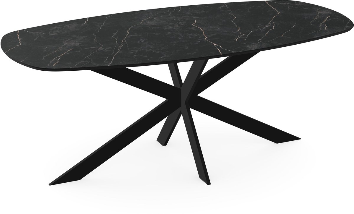 Zwarte marmerlook melamine eettafel – deens ovaal met dun zwart onderstel - marmer tafel160 x 80 cm