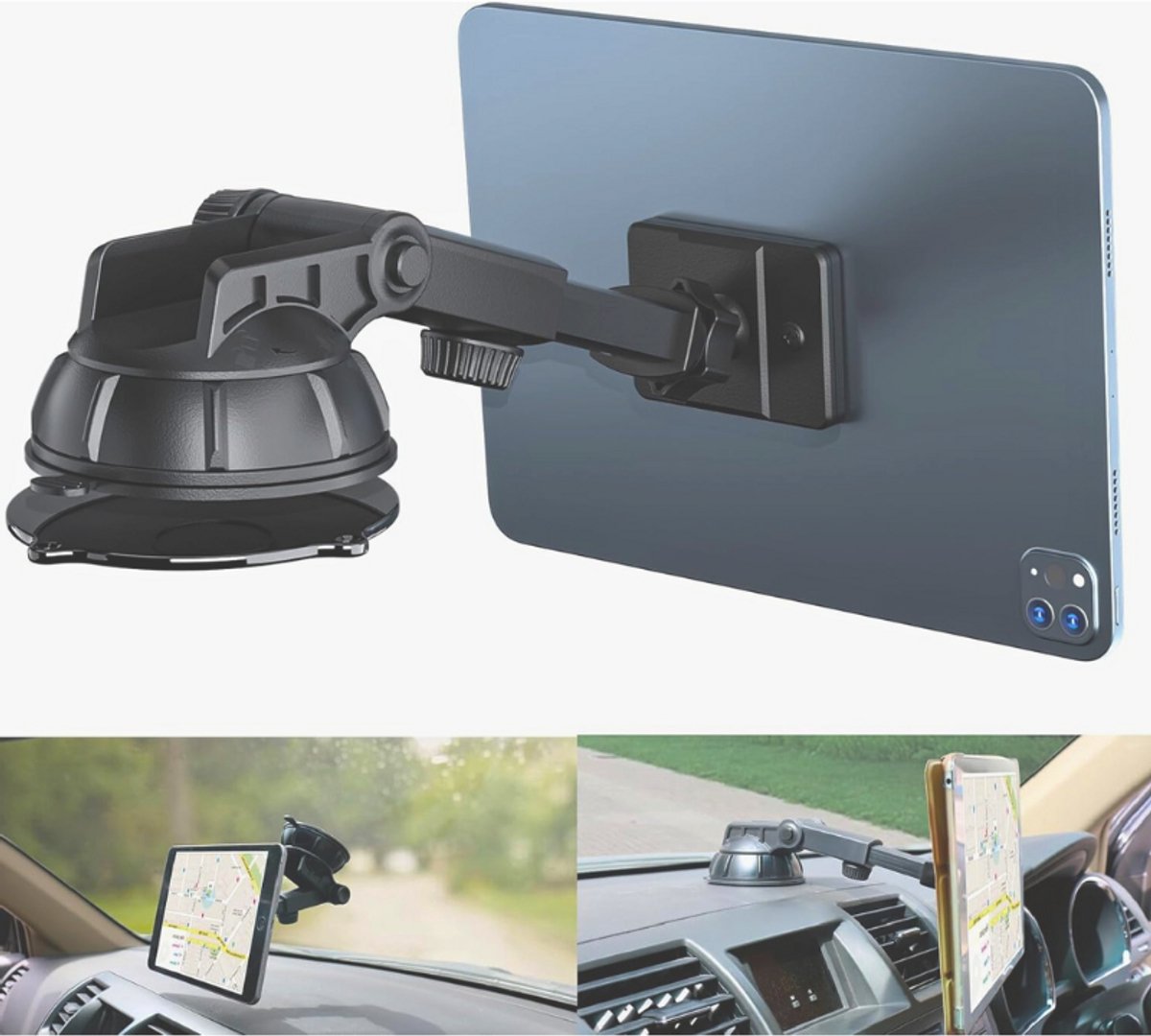 Magnetische Telefoon- en Tablet Houder - Dashboard en Windshield Mount - 360° Rotatie Super Sterke Magneten - TPU Zuignap Wasbaar Sterk Plakkerige Gel - Voor iPhone iPad Tot 10 Inch Tablet