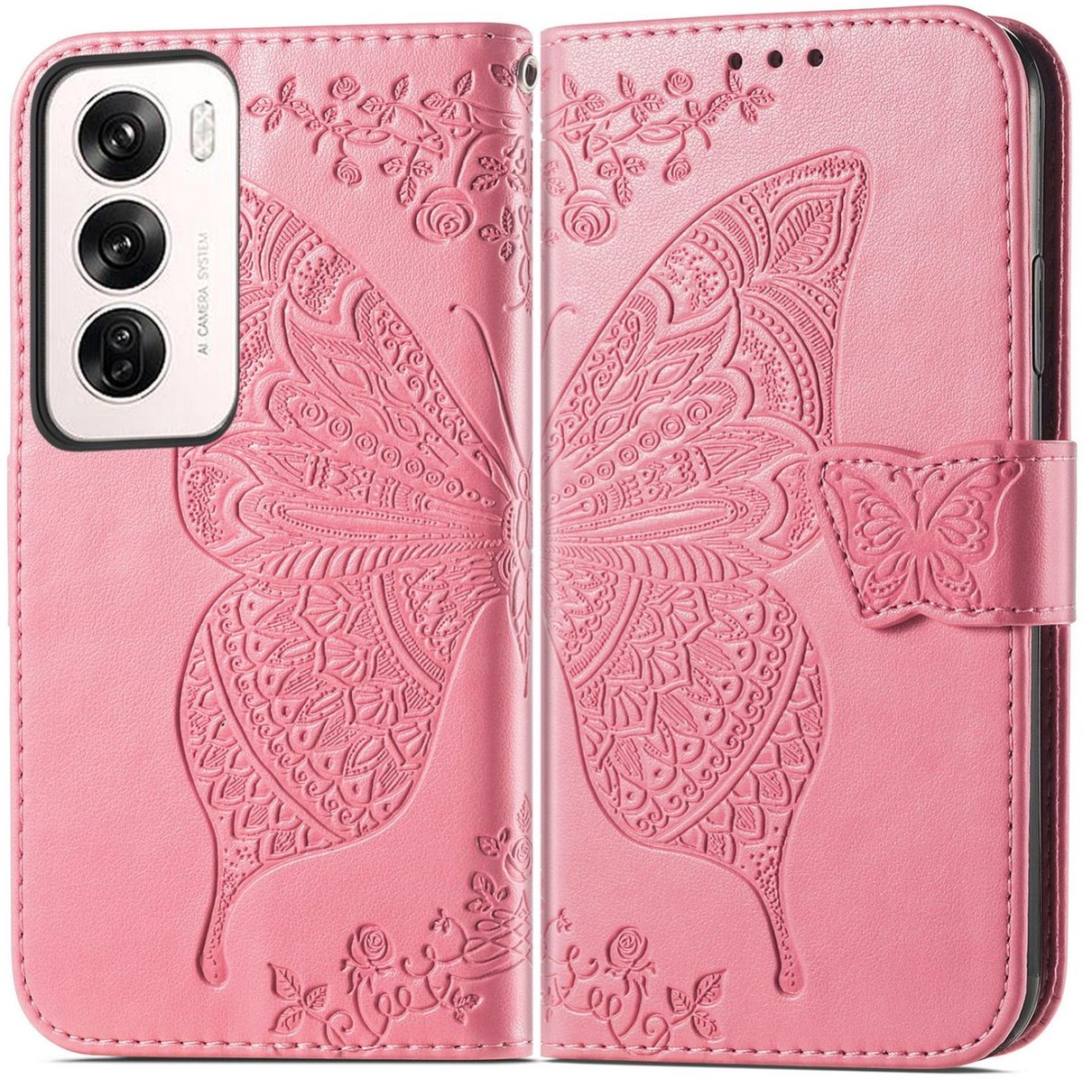 Mobigear Telefoonhoesje geschikt voor OPPO Reno 12 Pro Hoesje | Mobigear Butterfly Bookcase Portemonnee | Pasjeshouder voor 3 Pasjes | Telefoonhoesje voor Pinpas / OV Kaart / Rijbewijs - Roze