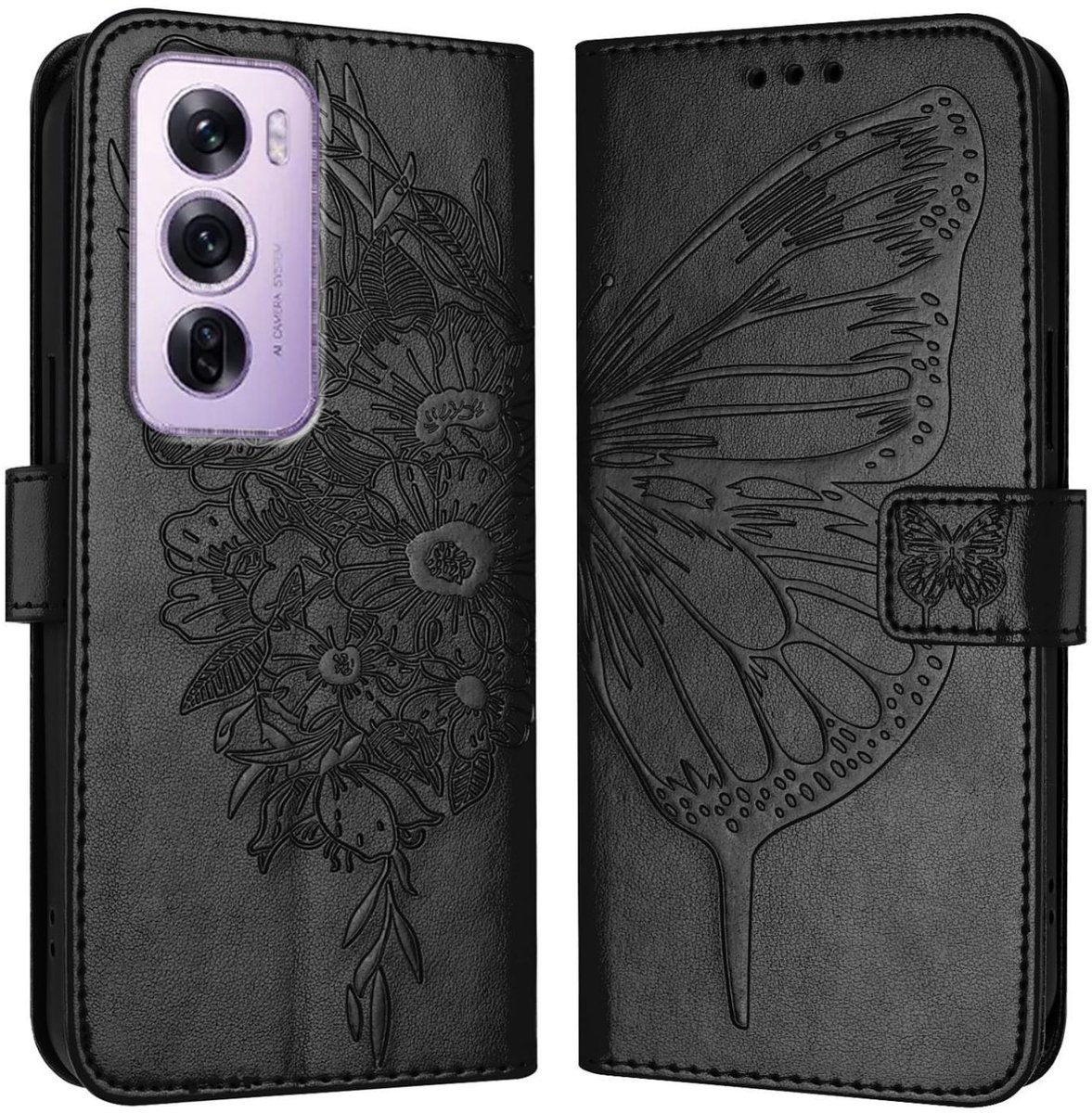 Mobigear Telefoonhoesje geschikt voor OPPO Reno 12 Pro Hoesje | Mobigear Butterfly Bookcase Portemonnee | Pasjeshouder voor 3 Pasjes | Telefoonhoesje voor Pinpas / OV Kaart / Rijbewijs - Zwart