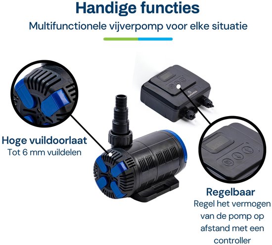 BluFlow Control 8.000 - Regelbare vijverpomp voor in vijver of droogopstelling - Geschikt voor filter waterval beekloop - Incl. controller - 8.000 l/uur - 18-80 watt