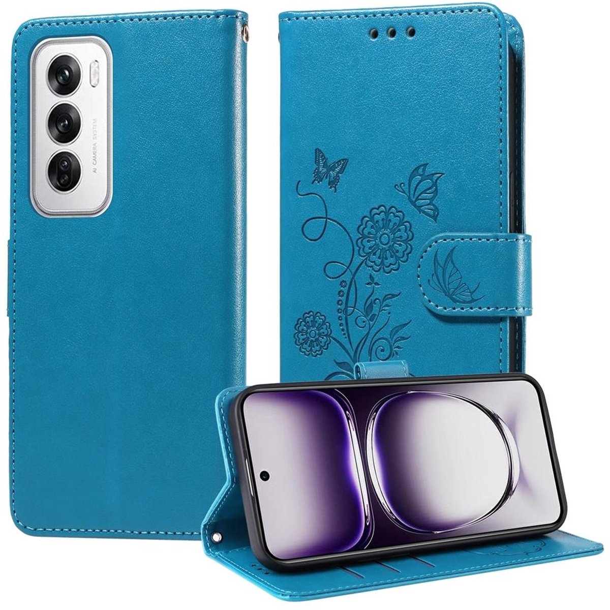 Mobigear Telefoonhoesje geschikt voor OPPO Reno 12 Pro Hoesje | Mobigear Flowers Bookcase Portemonnee | Pasjeshouder voor 3 Pasjes | Telefoonhoesje voor Pinpas / OV Kaart / Rijbewijs - Blauw