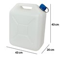 Witte 20L jerrycan met kraan en blauwe dop, met afmetingen 43x43x26 cm.