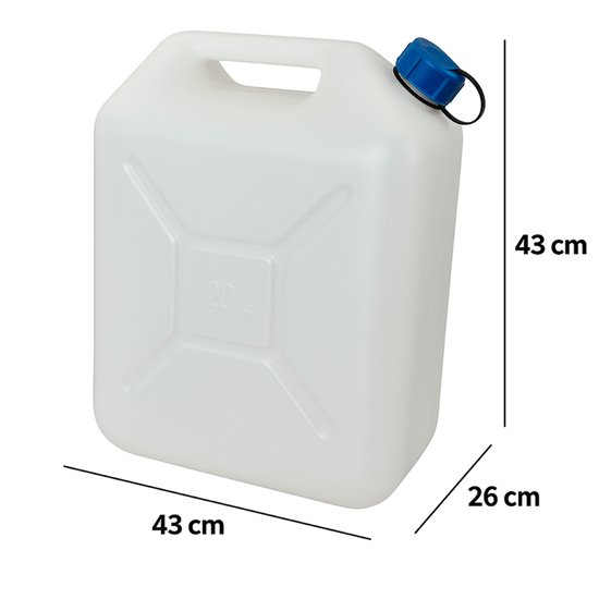 Witte 20L jerrycan met kraan en blauwe dop, met afmetingen 43x43x26 cm.