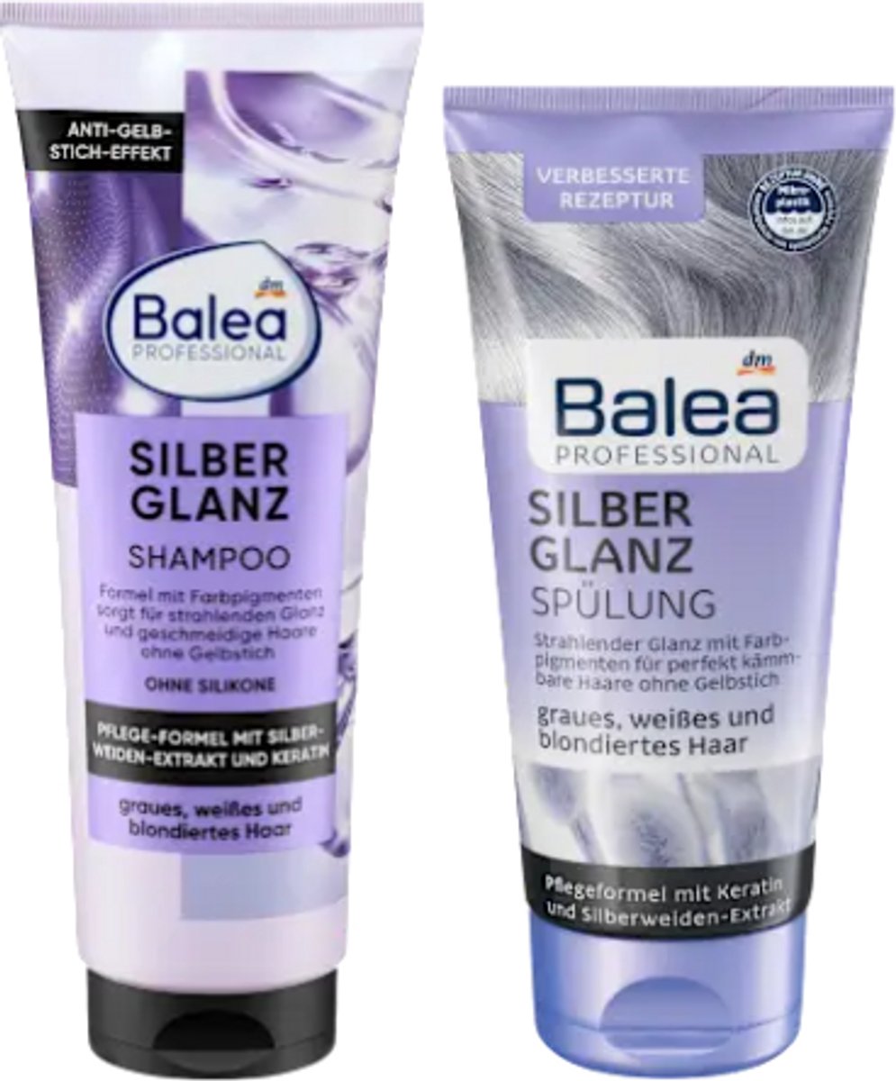 Balea Professionele Zilverglans Shampoo & Conditioner - Anti-vergelingseffect| Combiverpakking 1x250 ml & 1x 200ml - Verzorgende Formule met Zilverwilgenextract en Keratine | Voor Grijs, Wit en Gebleekt Haar