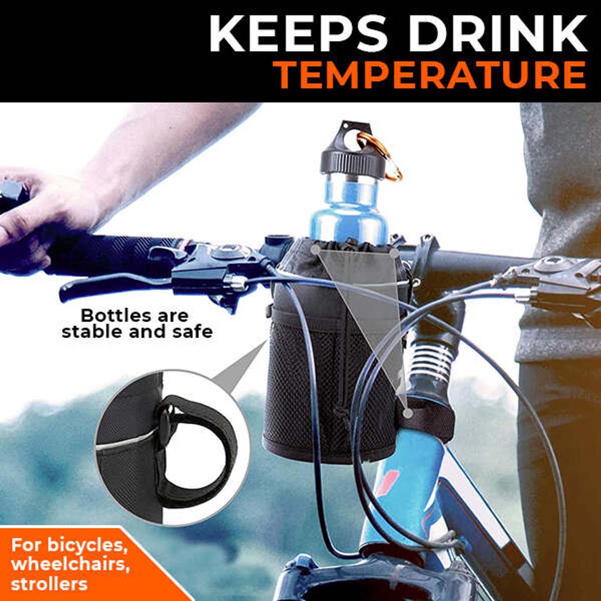 Thermische bidonhouder voor op de fiets - houdt de temperatuur van je drankjes op peil, heeft een mesh vak voor smartphones en andere persoonlijke spullen.