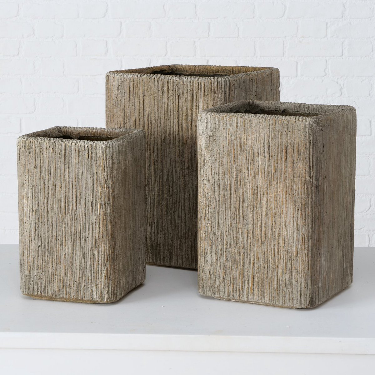 Bloem bak - Planten bak - Hout nerf - Fiberglass - 3 set - Vierkant - 25x38cm -31x44 - 37x50cm. - Bruin- Grijs .