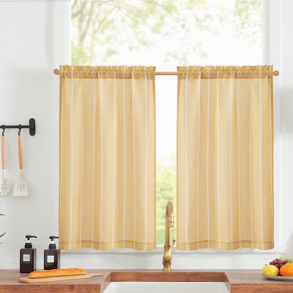 Unyqoos Stijlvolle Gestreepte Linnenlook Gordijnen voor Moderne en Boho Interieurs, Set van 2, Geel, 65 x 90 cm