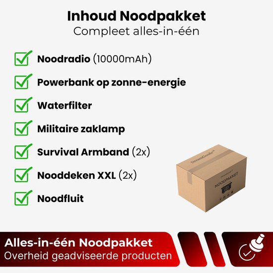 Noodpakket met checklist: Noodradio (10000mAh), powerbank, waterfilter, zaklamp, survival armbanden, dekens en fluit.
