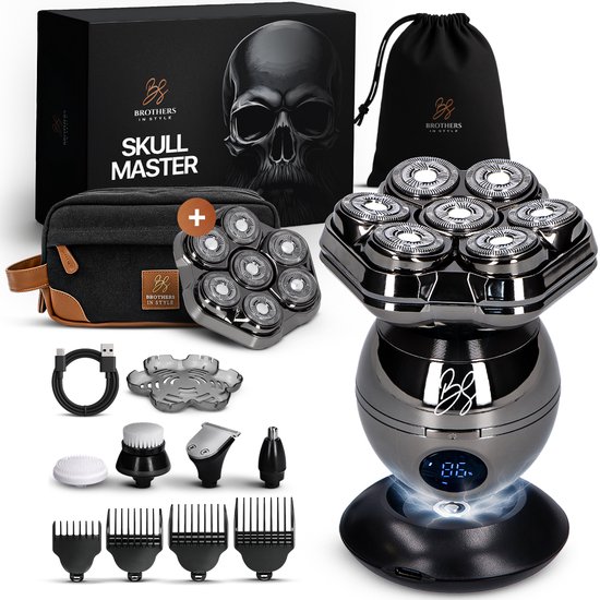 Scheerapparaat Mannen 8-in-1 - Skull Shaver Pro - Extra Scheerkop – Luxe Toilettas - Kaal Hoofd - Elektrisch Head Shaver - Brothers in Style