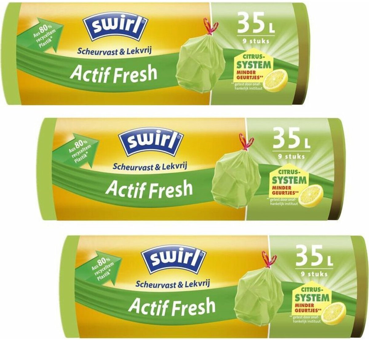 Goedkoopste 3x Swirl Vuilniszakken met Trekband Geparfumeerd Actif Fresh 35 liter 9 stuks