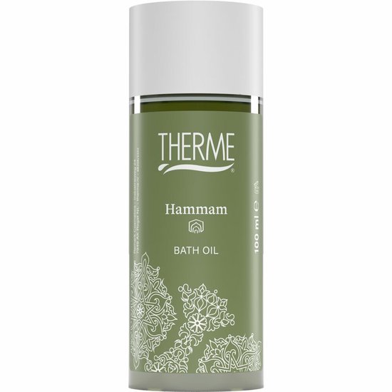 Groene fles met witte dop, met de tekst THERME Hammam BATH OIL en witte versieringen.