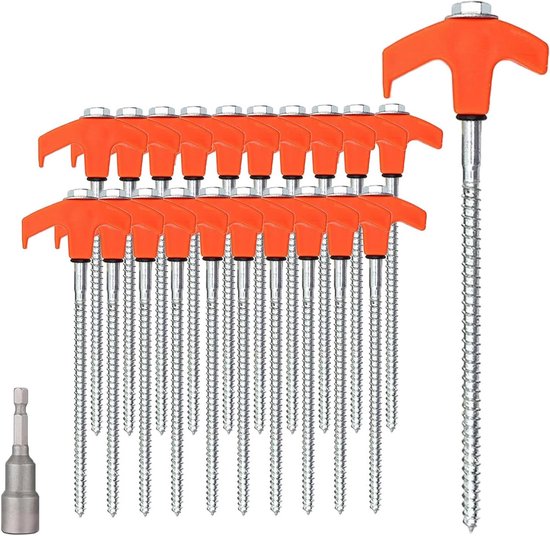 20 x Chevilles à vis en acier robustes - Robustes pour le camping et outdoor - Résistantes aux tempêtes - Pour sols durs, forêts, prairies et herbes