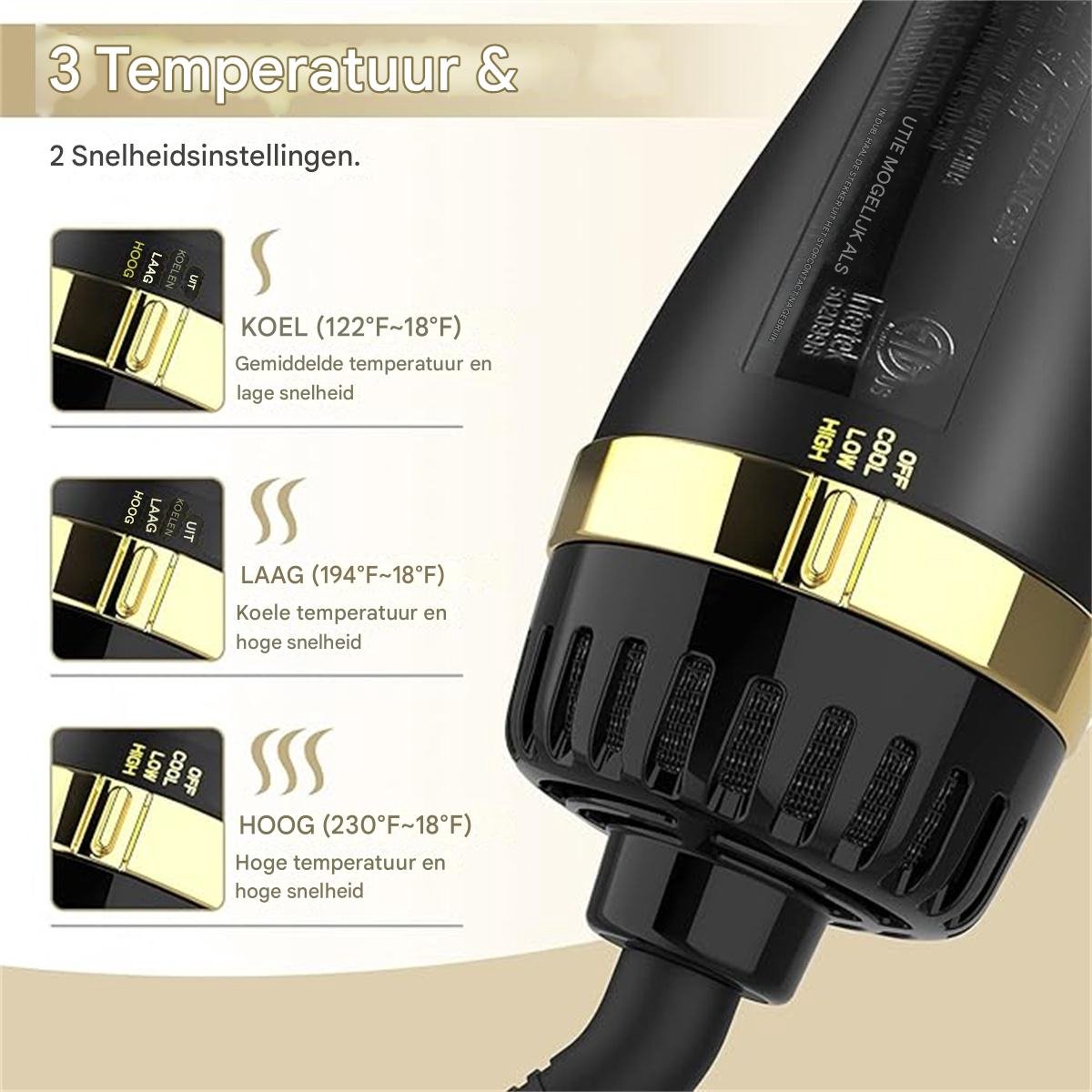 2-in-1 Haardroger & Volumizer - Keramische Ionische Borstel - Anti-Kroes Temperatuurregeling - Professionele Styling Tool - Goud - 1 Stuk thumbnail 4