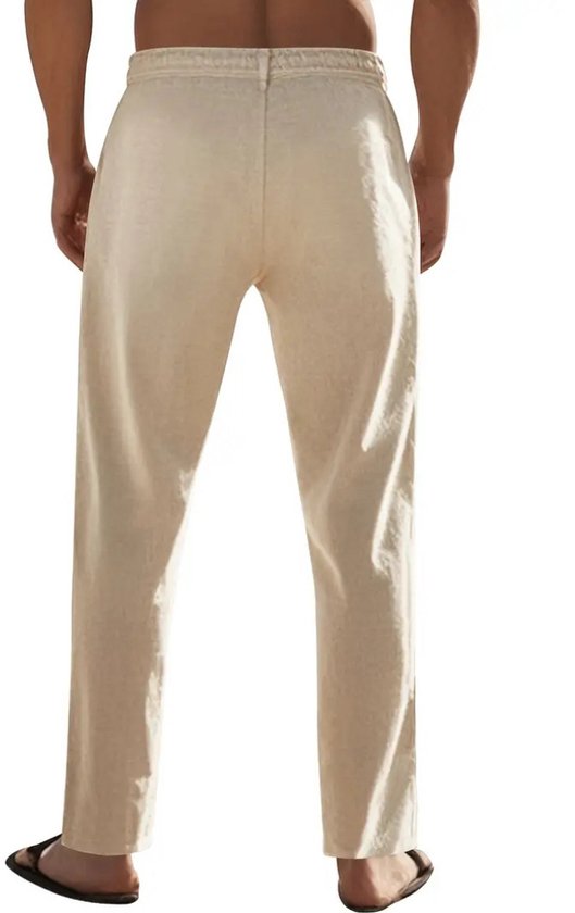 Pantalon en lin Nivard pour homme - Pantalon d'été - Adultes - Pantalon long - Pantalon de plage - Été - Style Ibiza - Kaki - Taille L