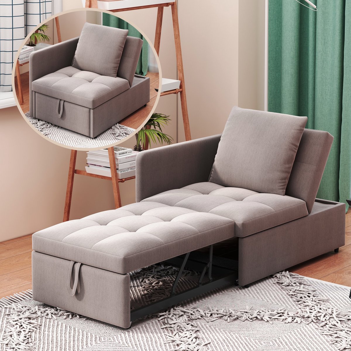 Sweiko Relaxfauteuil - Slaapbank - 3 in 1 multifunctioneel - Verstelbare rugleuning - Linnen stof - Zonder matras - Grijs