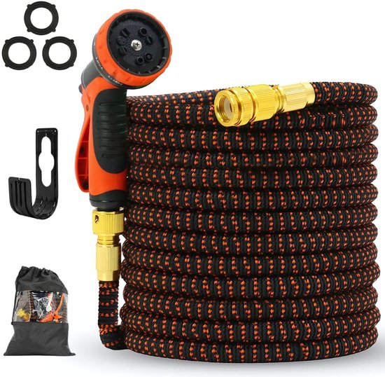 Foto: Flinq flexibele tuinslang tot 10 meter uitrekbare waterslang met sproeikop en slanghouder flexibel dus geen knopen inclusief opbergtas zwart oranje