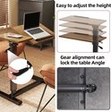 Afbeeldingen tonen hoogteverstelling en vergrendelingsmechanisme van een houten laptoptafel.