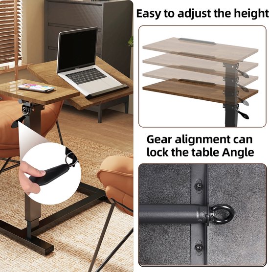 Afbeeldingen tonen hoogteverstelling en vergrendelingsmechanisme van een houten laptoptafel.