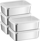 Boîtes de conservation avec couvercle - Set de 5 - 1100 ml - Récipients de congélation réutilisables - Acier inoxydable - Boîtes de conservation - Boîte de conservation pour fromages, fruits, salades, bonbons et confitures