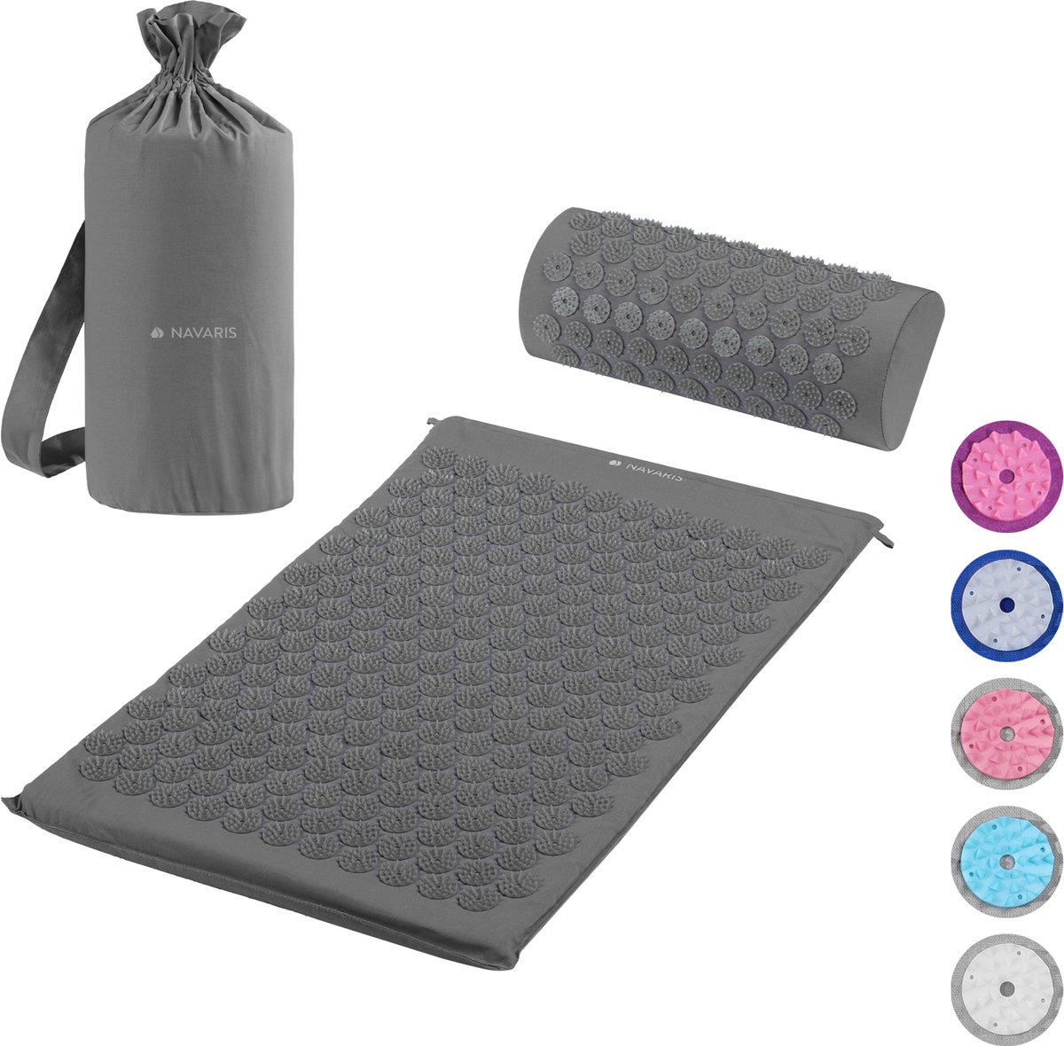 Goedkoopste Navaris acupressuurmat met kussen - Spijkermat - Voor rug, nek, schouders, spieren en ontspanning - Inclusief draagtas - Grijs