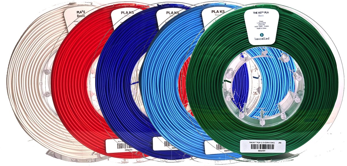 Kexcelled PLA Combideal 5 x 500g = 2,5kg (Wit, Rood, Blauw, Meerblauw + Donker Groen) 3D Printer filament