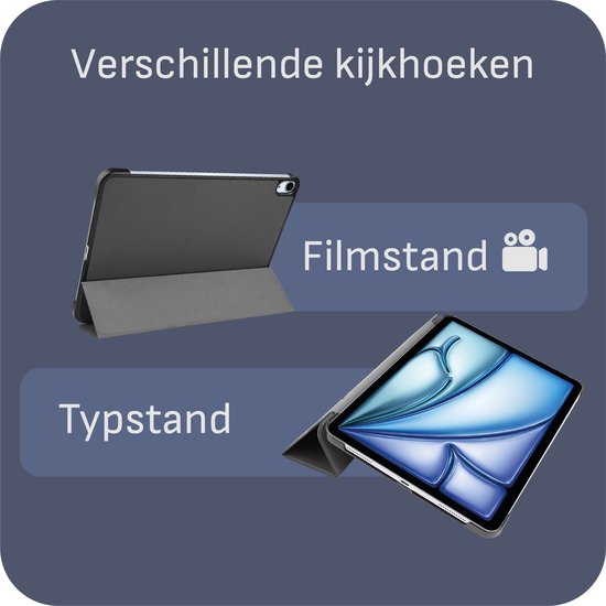 Grijze tablethoes in filmstand met de tablet rechtop, en in typestand met de tablet liggend.