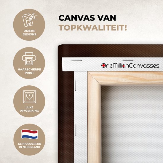 Een detail van een canvasdoek met houten frame en de tekst 'OneMillionCanvasses'. Omringd door icoontjes over kwaliteit.