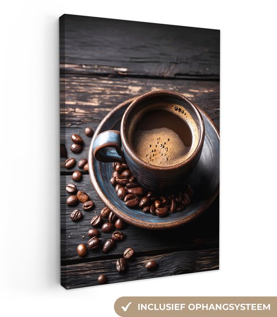 Tableau sur toile 60x90 cm - Décoration murale exclusive Tasse - Café - Bois - Haricots - Décoration murale salon - Décoration chambre - Accessoires chambre - Peintures sur toile
