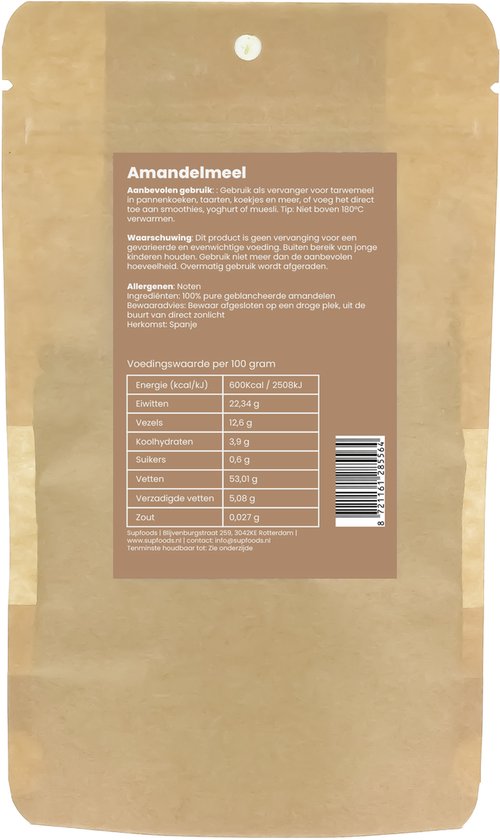 Sac en papier brun avec farine d'amande, ingrédients et informations nutritionnelles.