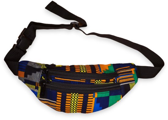 Sac banane avec imprimé Kente bleu, orange, vert et noir. Ceinture noire avec fermeture à clip.