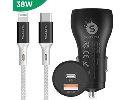 Synyq Autolader 38W - 2 Poorten - 1m Oplaadkabel - Gecertificeerd - Lader geschikt voor Iphone 14/13/12/11