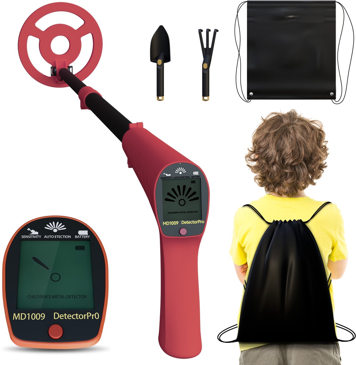 NAIZY Metaaldetector Metaaldetector voor kinderen Set inclusief schep & eg met vijf tanden & draagtas Metaaldetector metaaldetector met LCD-scherm + geluidstips, voor kinderen, beginners, MD1009 Rood