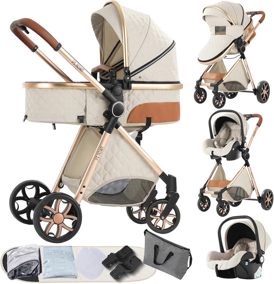 Image of 3-in-1 Kinderwagen voor Pasgeborenen - Opvouwbare Buggy en Reiswieg in Crème Wit