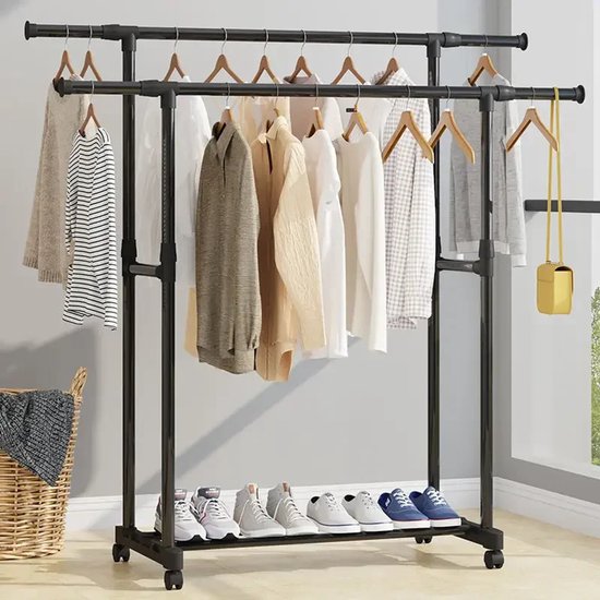 Foto: Homesy homesy kledingrek zwart verstelbaar tot 150 x 42 x 155 cm kleding rek met wieltjes kledingrek met schoenenrek opbergrek voor kleding garderoberek slaapkamer kledingrek met haken kledingrek garderoberek staand