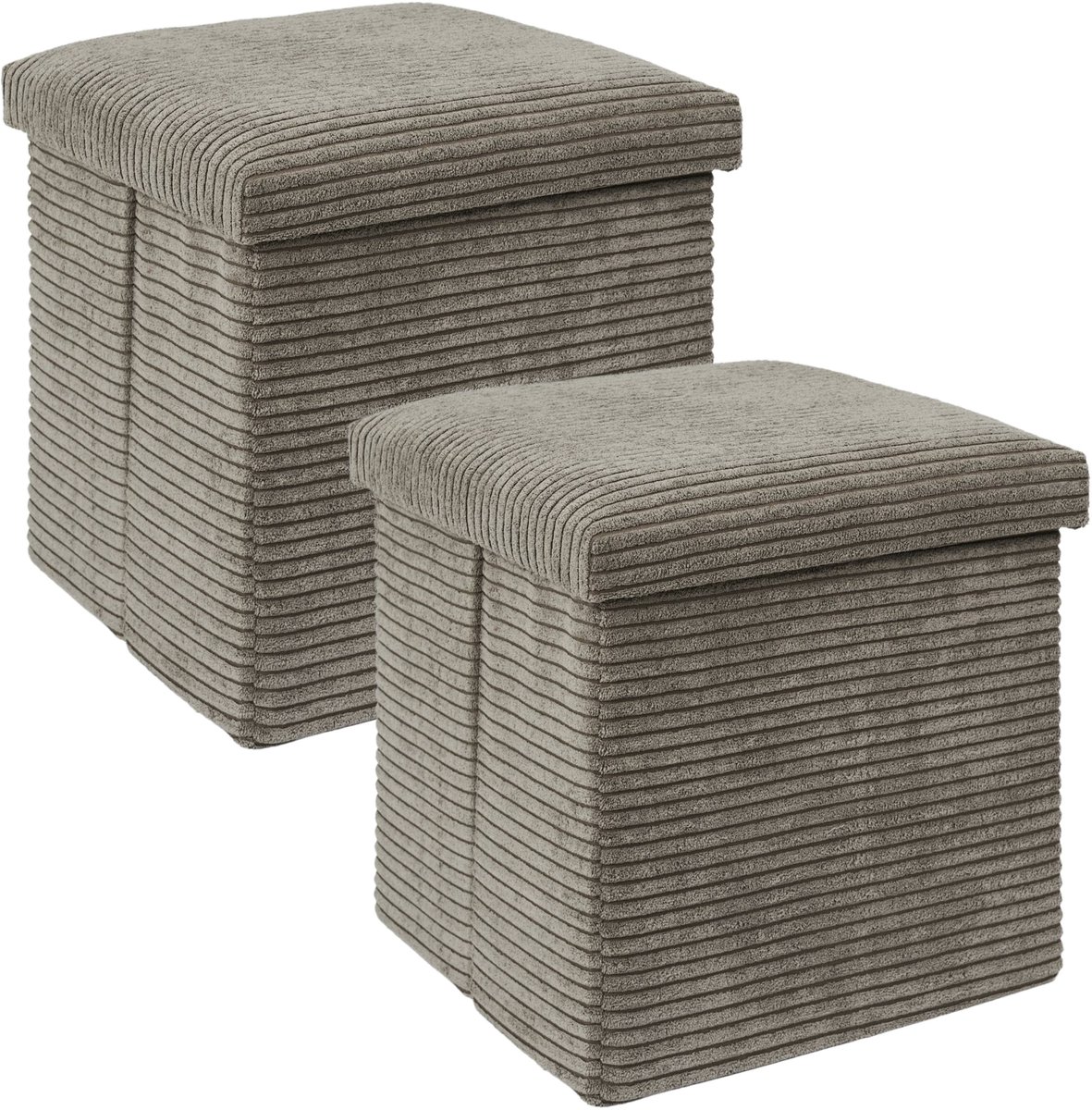 HOME DECO FACTORY Poef/hocker opvouwbaar - 2x - rib design - opbergbox - zacht taupe - polyester/mdf - 38 x 38 cm