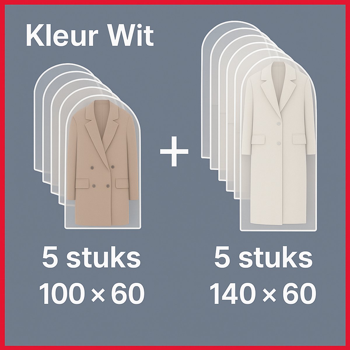 Kledinghoes - Opbergtas - 10 Stuks Wit transparant - 5 stuks 60x140cm en 5 stuks 60x100cm - Kledingzak - Kledingzakken met rits - Waterbestendig