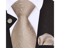 Sorprese Stropdas met Pochet en Manchetknopen - Paisley Beige Ivoor - 8cm - 100% Zijde - Pochette - Cadeau