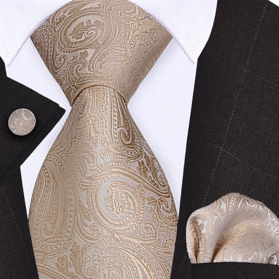 Cravate Sorprese avec pochette et Boutons de manchette - Motif cachemire beige ivoire - 8 cm - 100 % soie - Pochette - Cadeau
