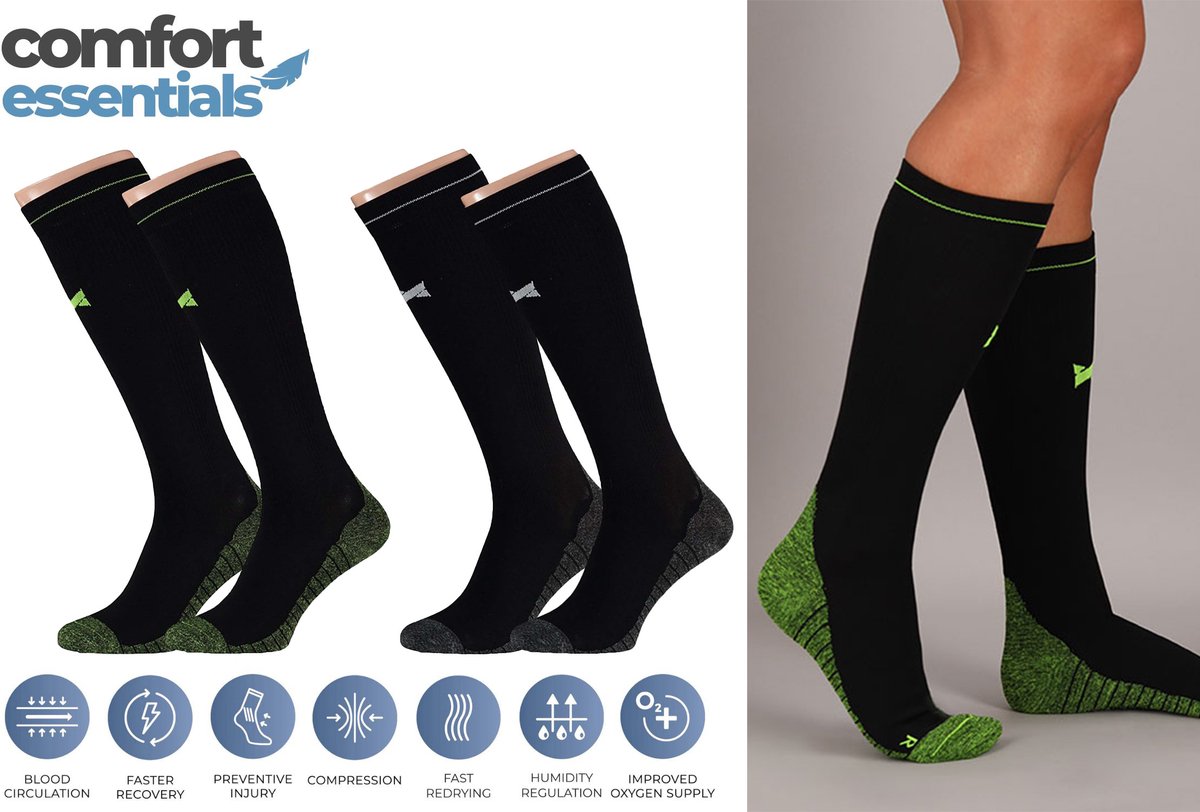 Comfort Essentials - Compressiekousen - Compressie Sokken - 2 Pack - Zwart - Maat 43-45 - Hardloopsokken - Steunkousen - Sportsokken - Skisokken