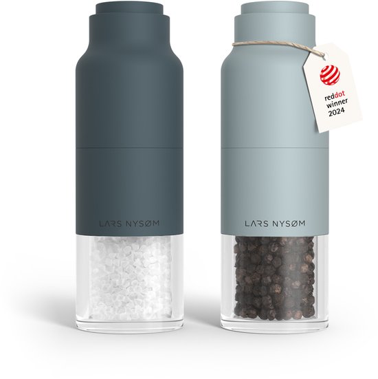 Moulin à poivre et à sel LARS NYSØM 'Omvendt' manuel - acier inoxydable - mouture réglable - pierre bleue/bleu bébé