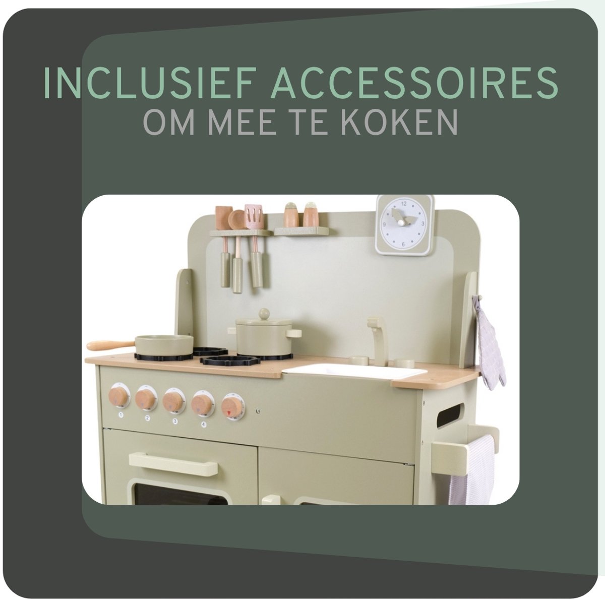 Bandits & Angels Houten Kinderkeuken Chef Deluxe XL Green vanaf 3 jaar voor Jongens en Meisjes - Aanrechthoogte 59 cm - incl. 9 Accessoires - Kinder Keuken Groen - Keukentje Hout — afbeelding 2