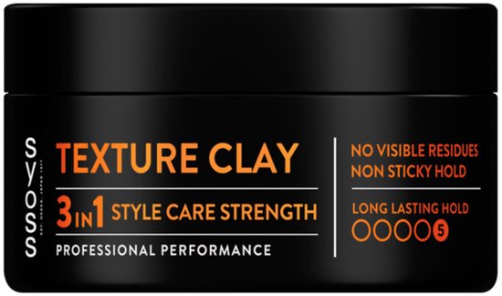 Zwarte pot Syoss Texture Clay 100ml, met oranje tekst "Texture Clay" en "3 in 1 Style Care Strength".