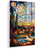 MuchoWow® Glasschilderij 20x30 cm - Schilderij acrylglas - Hemel - Sterren - Mozaïek - Huizen - Foto op glas - Muurdecoratie woonkamer - Wanddecoratie slaapkamer - Schilderijen
