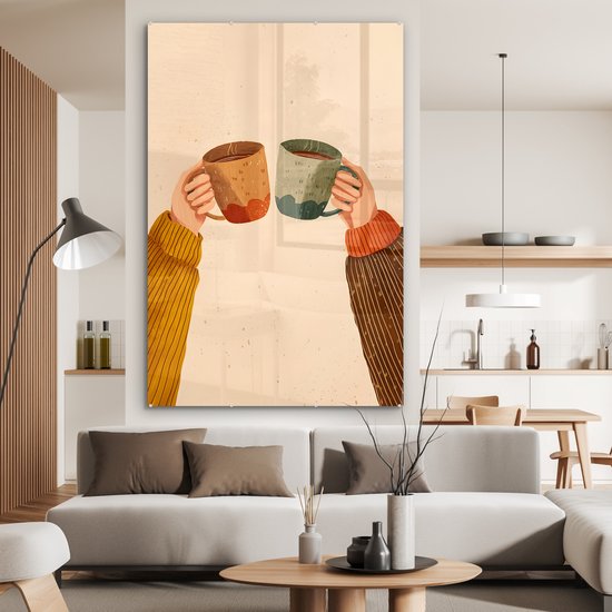 MuchoWow® Glasschilderij 100x150 cm - Schilderij acrylglas - Illustratie - Mokken - Proosten - Bruin - Foto op glas - Muurdecoratie woonkamer - Wanddecoratie slaapkamer - Schilderijen