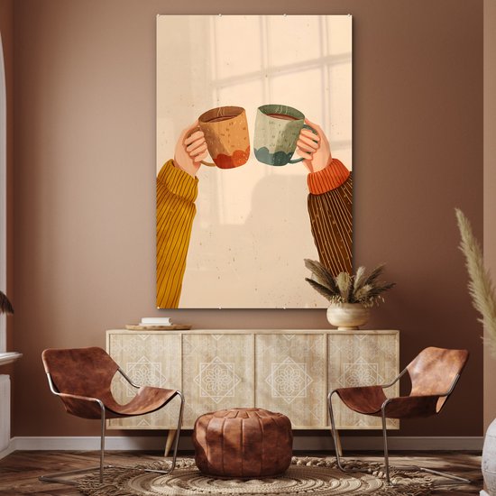MuchoWow® Glasschilderij 100x150 cm - Schilderij acrylglas - Illustratie - Mokken - Proosten - Bruin - Foto op glas - Muurdecoratie woonkamer - Wanddecoratie slaapkamer - Schilderijen