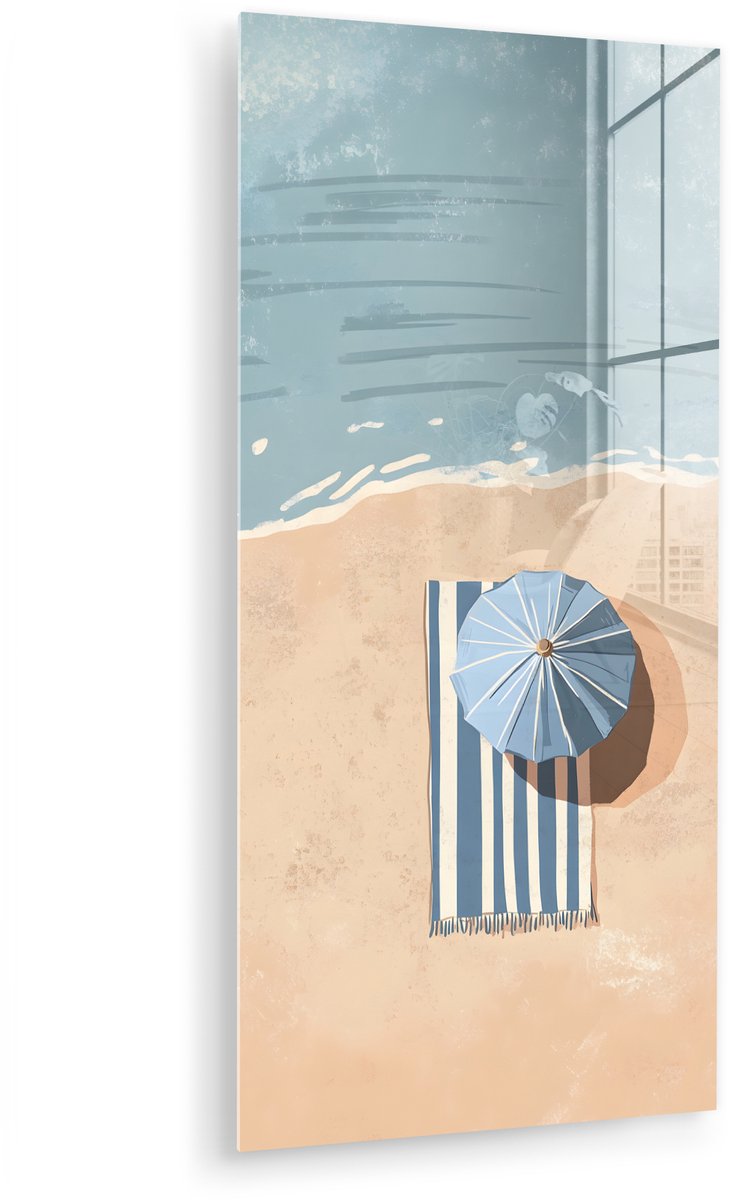 MuchoWow® Glasschilderij 40x80 cm - Schilderij acrylglas - Strandlaken - Strepen - Parasol