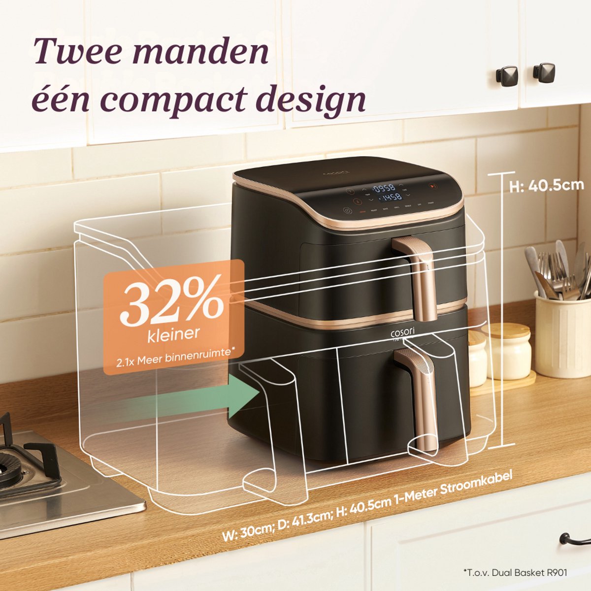 Afbeelding 3 van Cosori XXL Airfryer Turbo Tower Pro - met Cosori accessoire set - Keramische coating - 10.8 liter inhoud - 2 manden apart in te stellen - 7 programma's